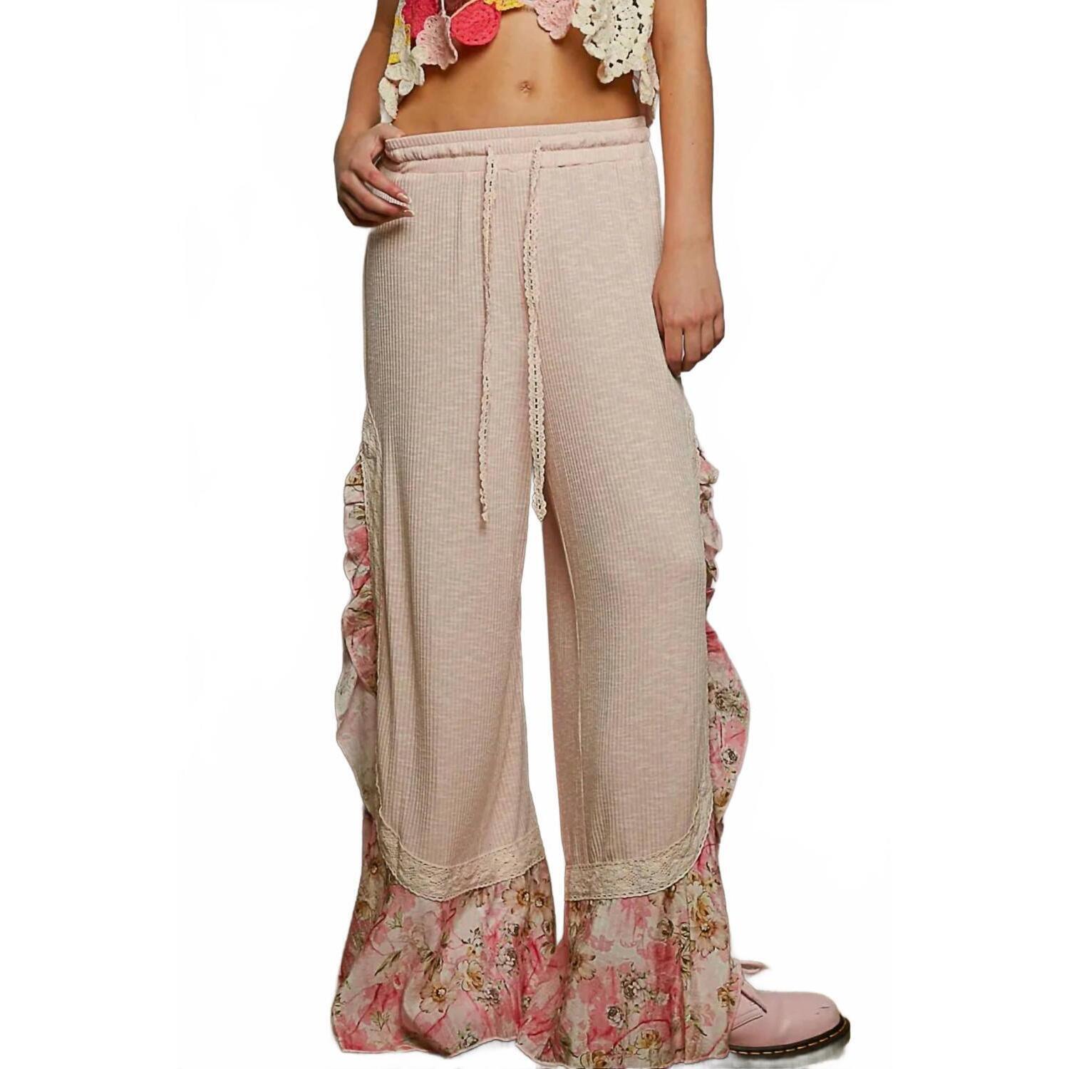 New Pol Floral Ruffle Ribbed Pants In Pink